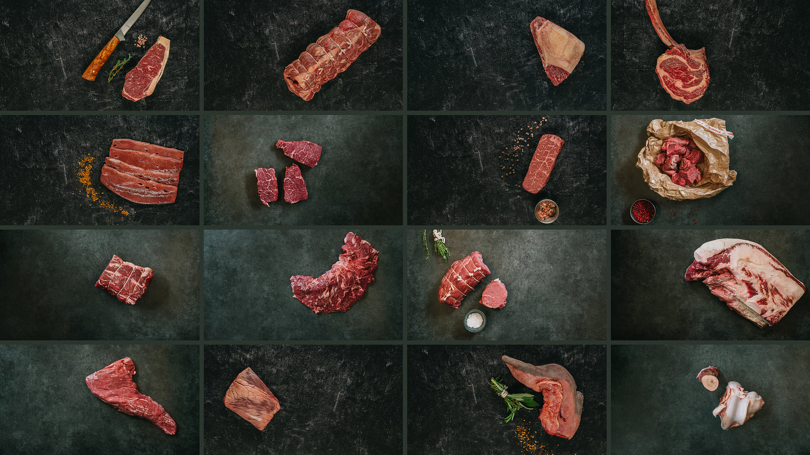 grid view with variety of beef cuts on a slab