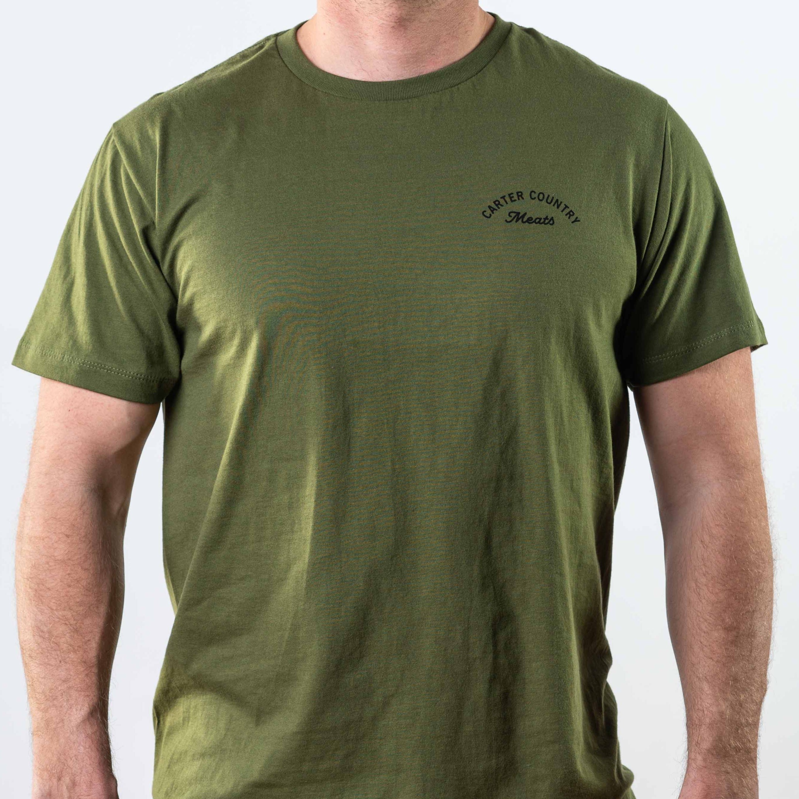 Front modeled view of olive colored tee with Carter country meats text on left chest area