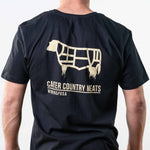 Black tee modeled rear view cow outline with carter country meats wyoming usa printed below