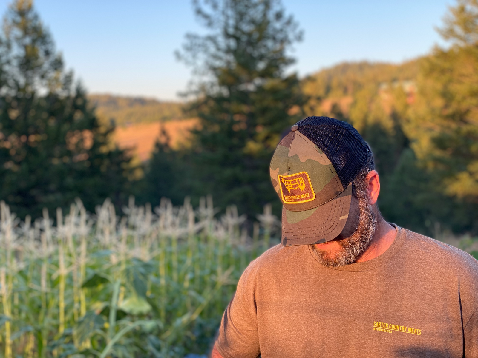 Front modeled view of brown standard co tee with carter country meats in yellow on left upper chest area